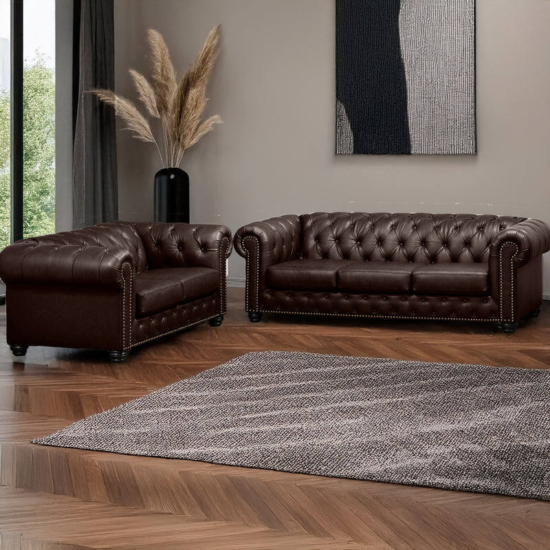 Wigan Leather Sofa & Loveseat Set With Tufting and Nailhead Trim