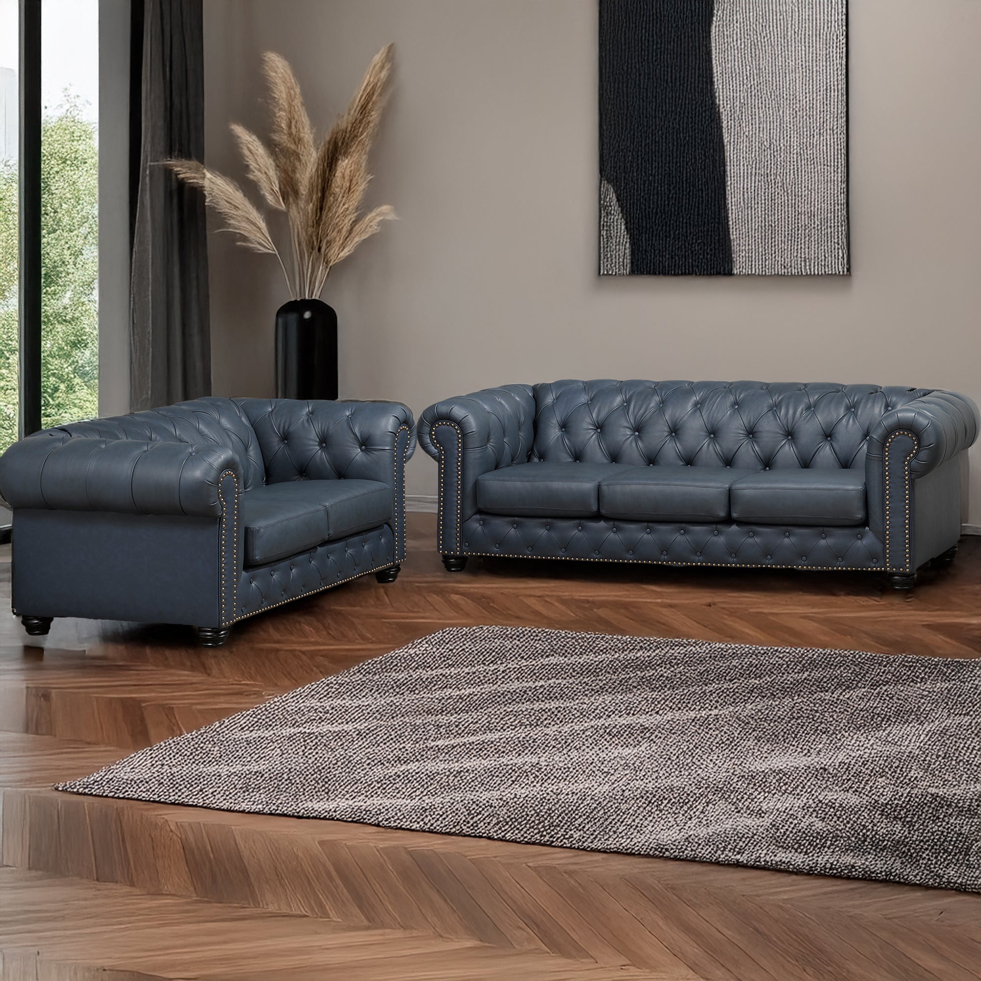 Wigan Leather Sofa & Loveseat Set With Tufting and Nailhead Trim