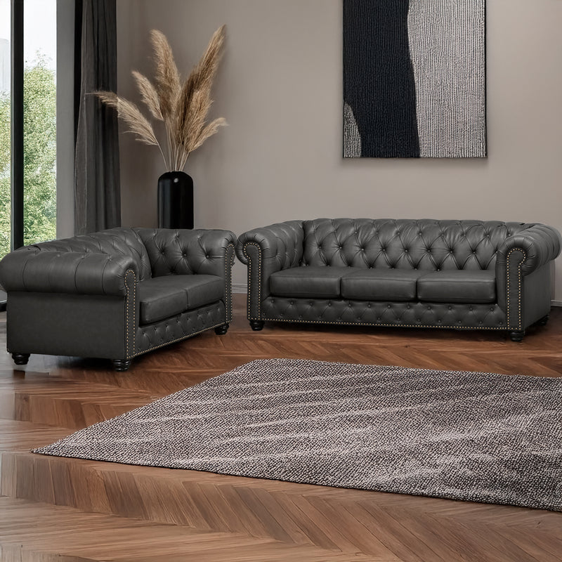 Wigan Leather Sofa & Loveseat Set With Tufting and Nailhead Trim