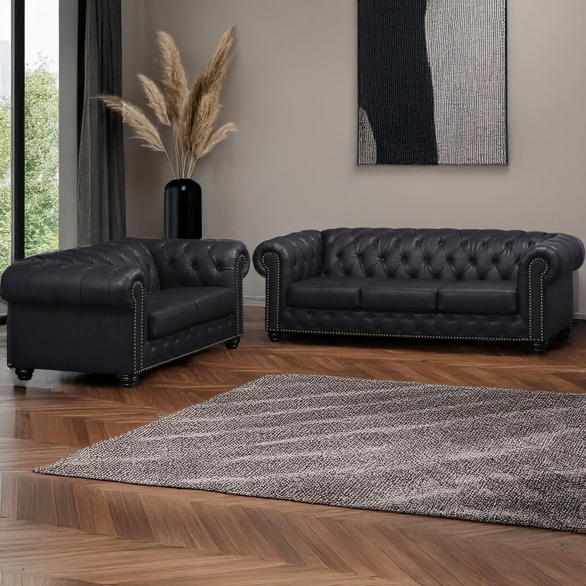Wigan Leather Sofa &amp; Loveseat Set With Tufting and Nailhead Trim