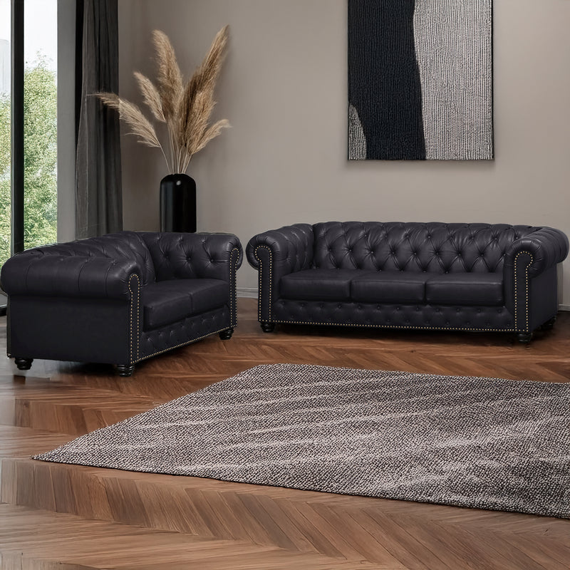 Wigan Leather Sofa & Loveseat Set With Tufting and Nailhead Trim