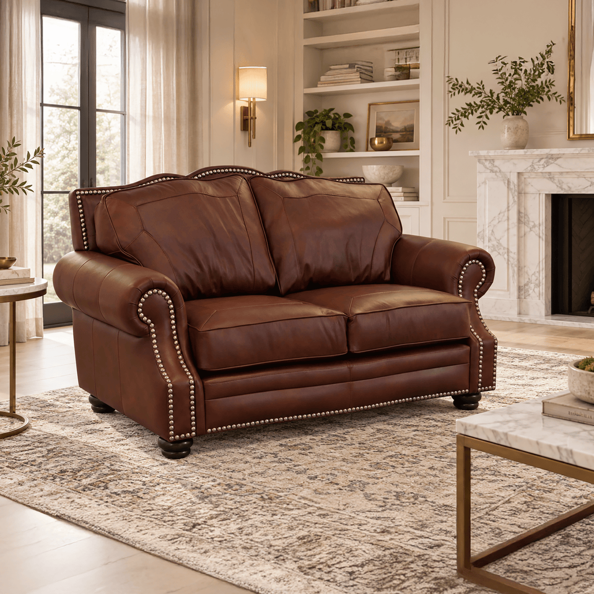 Winchester Genuine Leather Loveseat With Nailhead Trim - Made in the U.S.A. - Coja