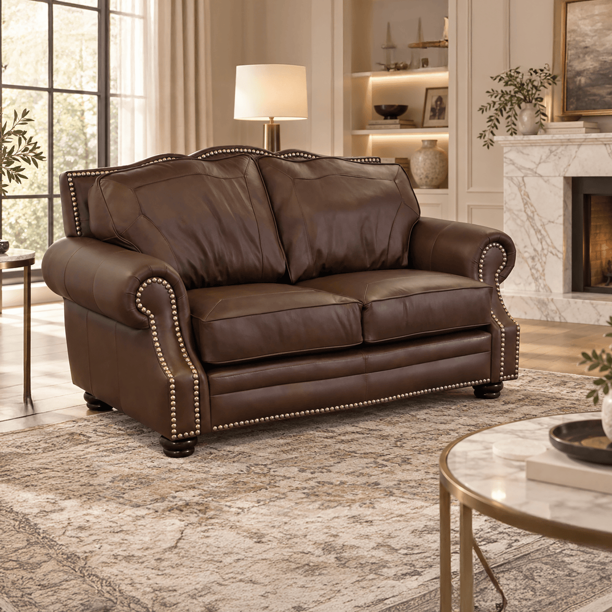 Winchester Genuine Leather Loveseat With Nailhead Trim - Made in the U.S.A. - Coja