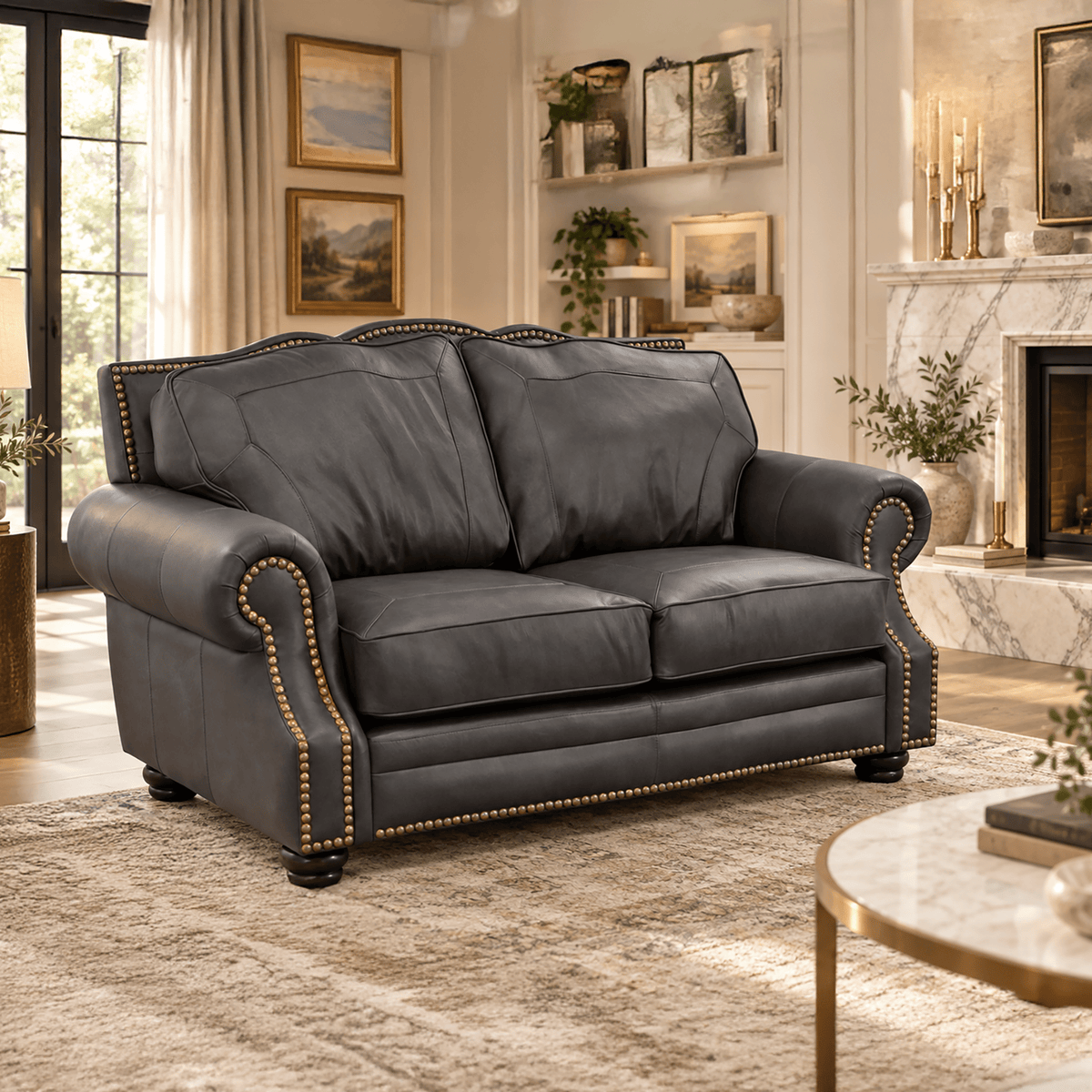 Winchester Genuine Leather Loveseat With Nailhead Trim - Made in the U.S.A. - Coja