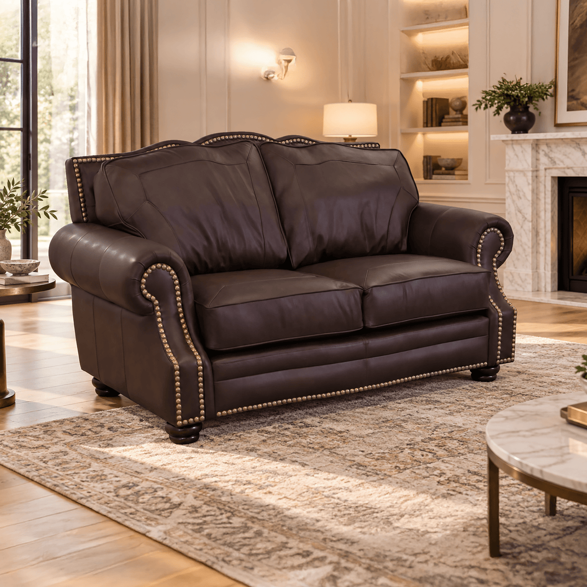 Winchester Genuine Leather Loveseat With Nailhead Trim - Made in the U.S.A. - Coja