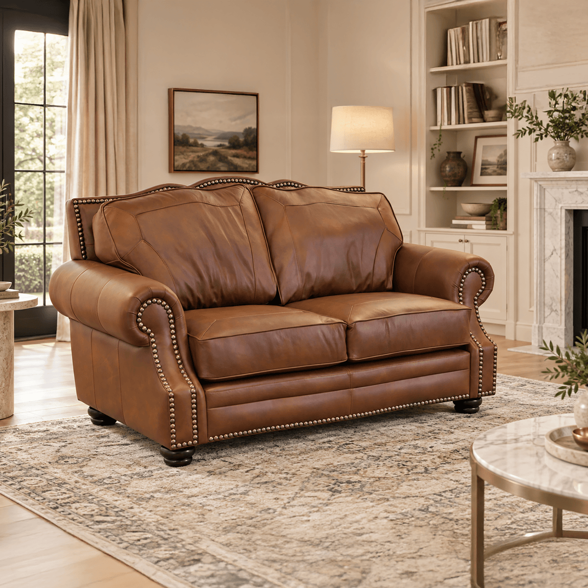 Winchester Genuine Leather Loveseat With Nailhead Trim - Made in the U.S.A. - Coja