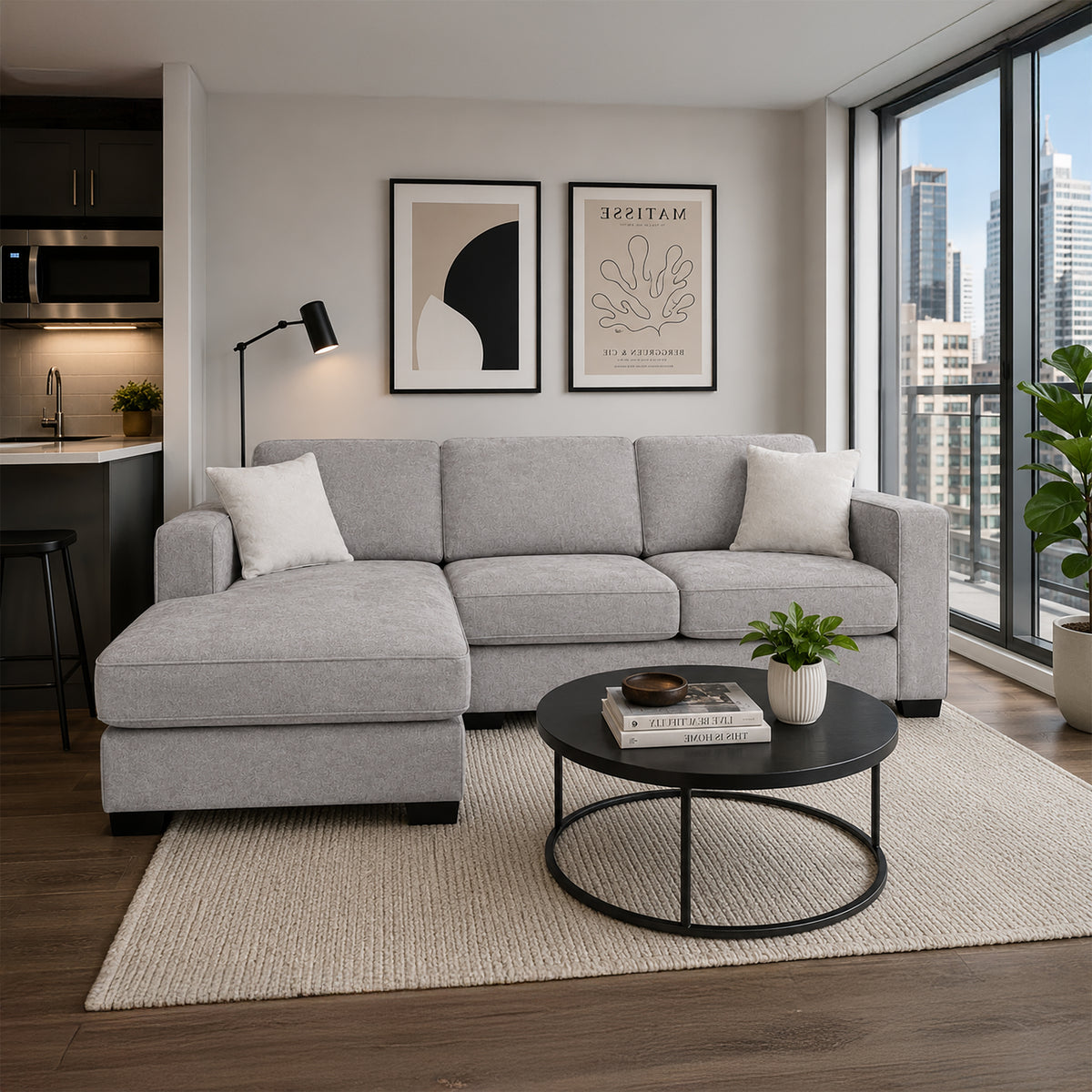 Yuva Contemporary Fabric Chofa Sectional with Track Arms & Plush Cushions