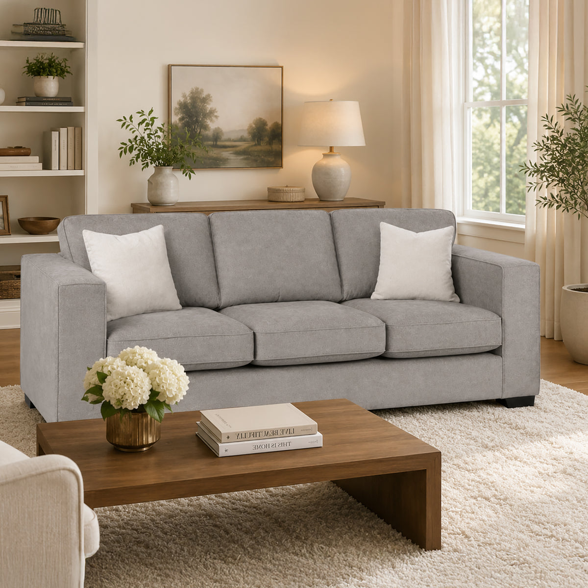 Yuva Contemporary Fabric Sofa with Track Arms & Plush Cushions