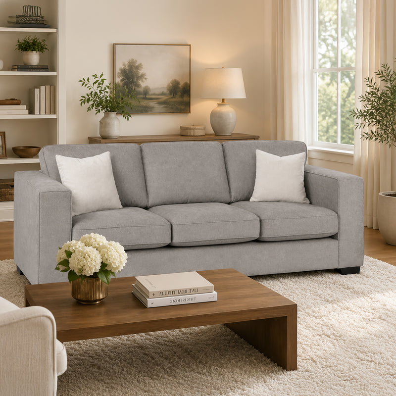 Yuva Contemporary Fabric Sofa with Track Arms & Plush Cushions