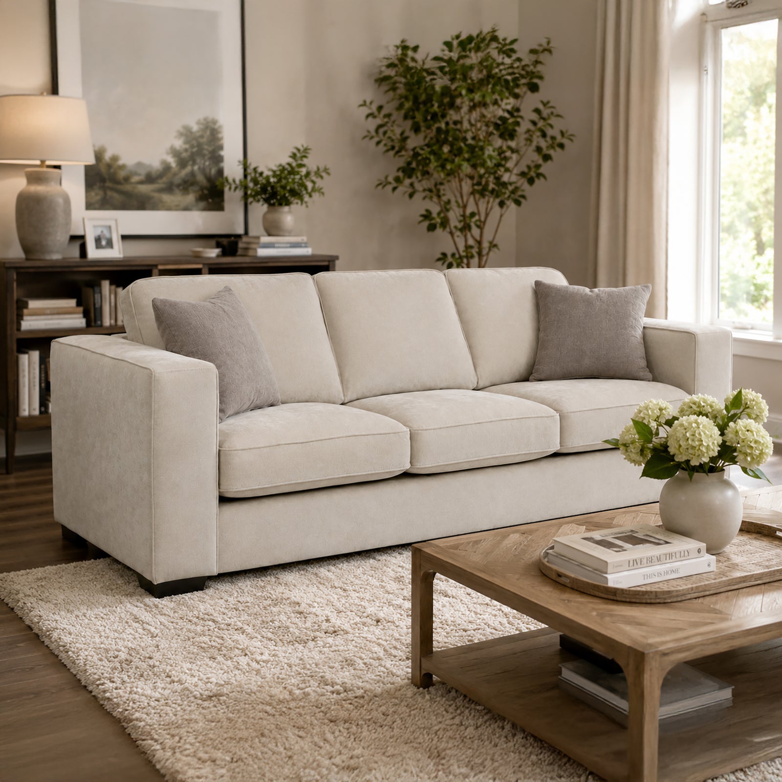 Yuva Contemporary Fabric Sofa with Track Arms & Plush Cushions
