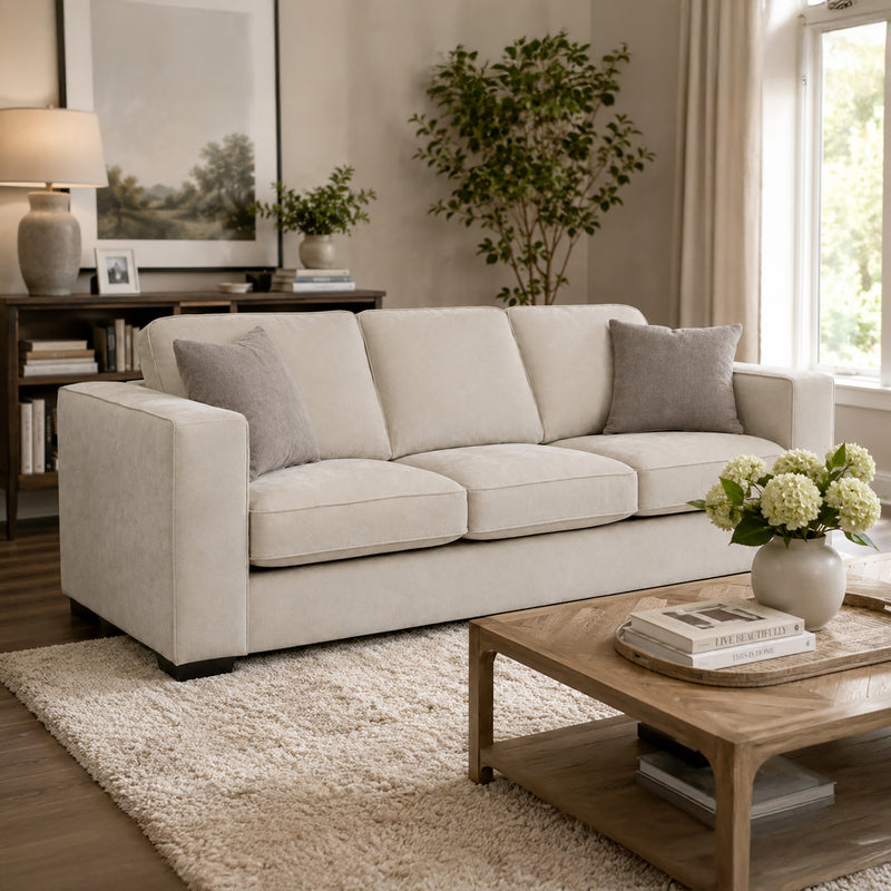 Yuva Contemporary Fabric Sofa with Track Arms & Plush Cushions