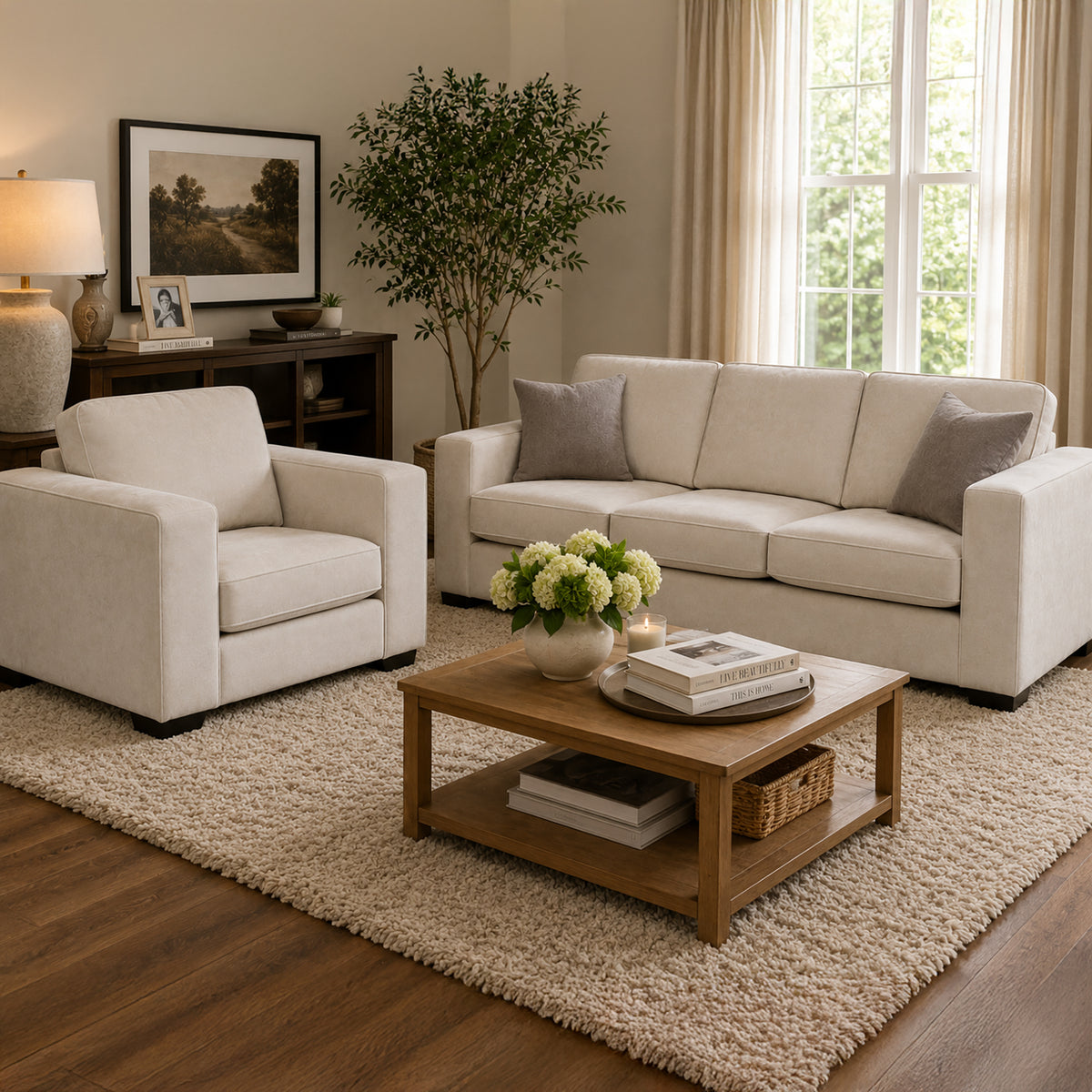 Yuva Contemporary Fabric Sofa & Chair Set with Track Arms & Plush Cushions