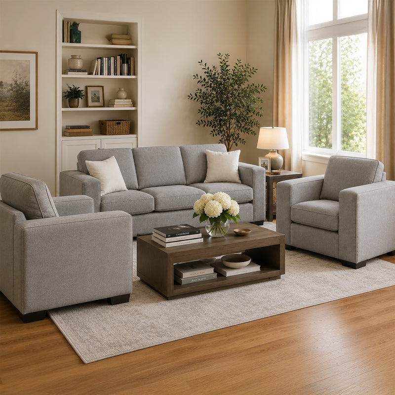 Yuva Contemporary Fabric Sofa & Two Chair Set with Track Arms & Plush Cushions