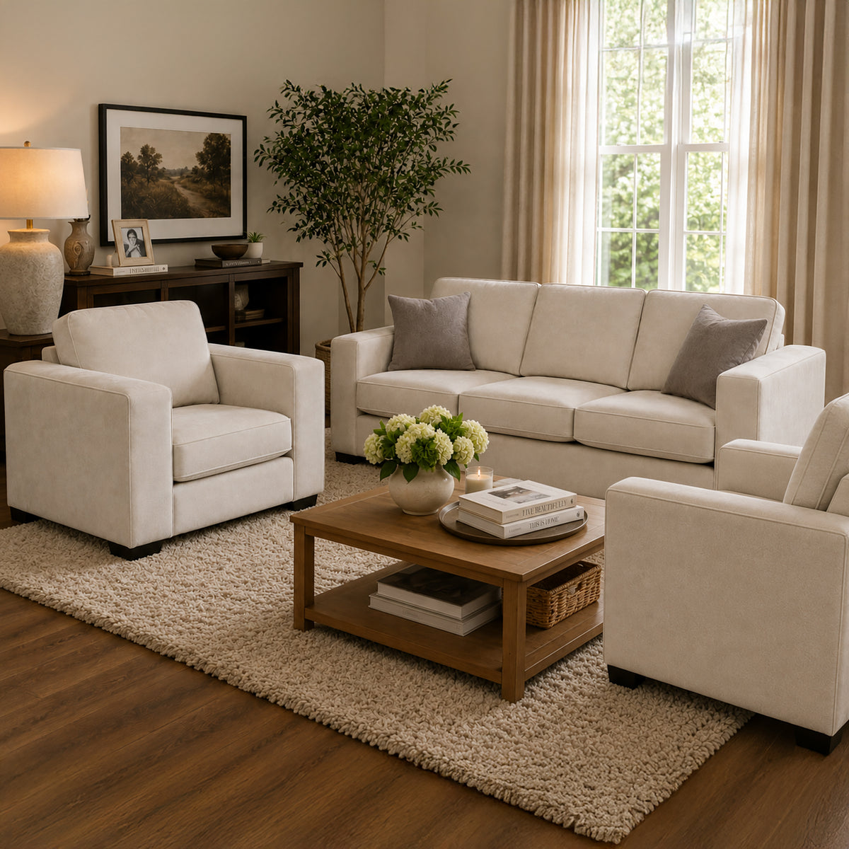 Yuva Contemporary Fabric Sofa & Two Chair Set with Track Arms & Plush Cushions