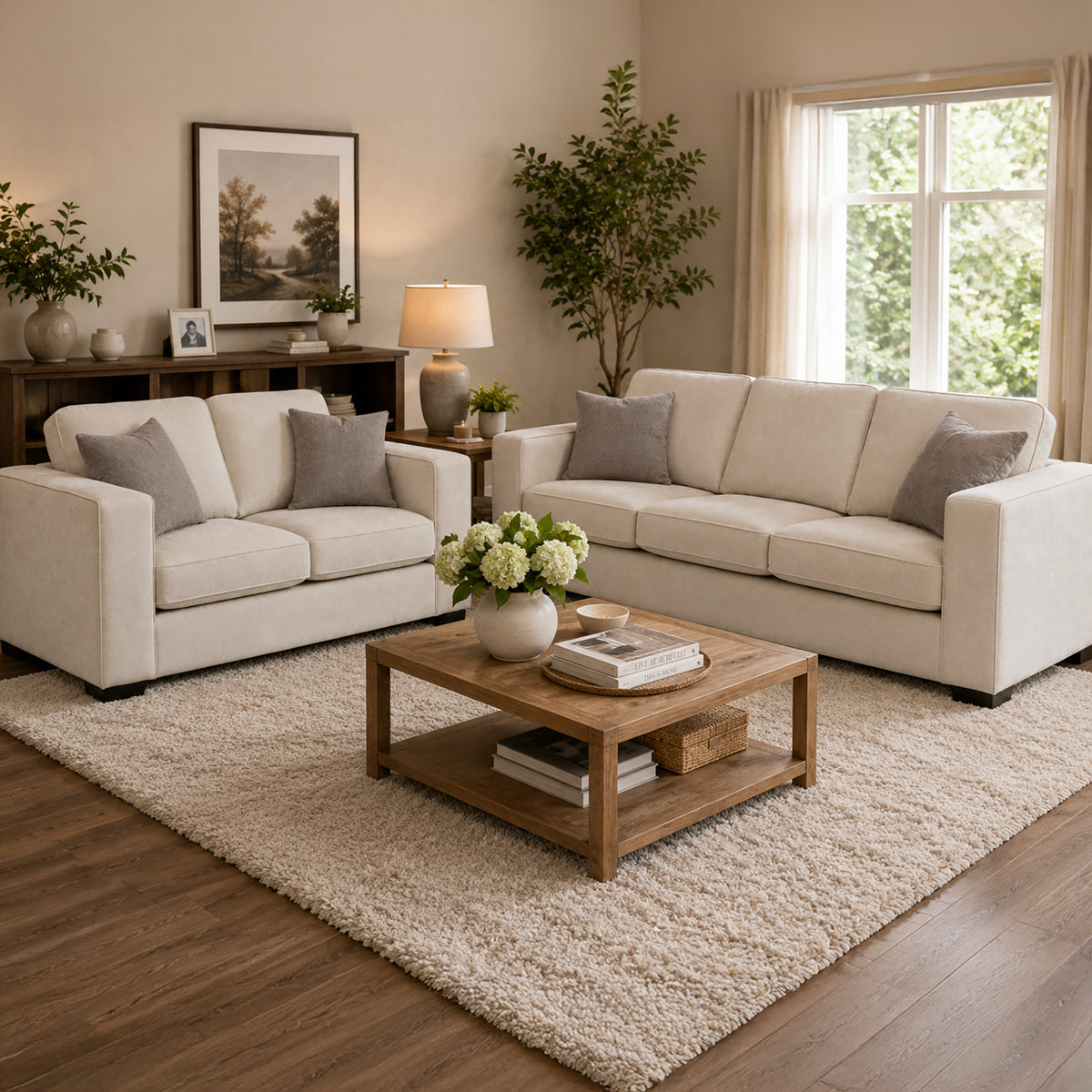 Yuva Contemporary Fabric Sofa & Loveseat Set with Track Arms & Plush Cushions