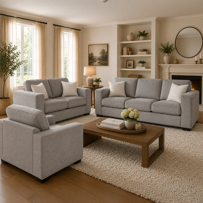 Yuva Contemporary Fabric Sofa, Loveseat & Chair Set with Track Arms & Plush Cushions